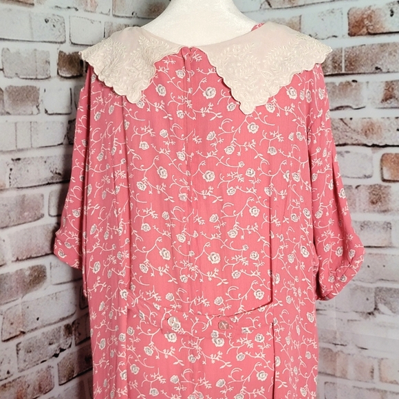 Vintage 80s 90s Pink Floral Dress Lace Peter Pan Collar Beetlejuice Cottagecore - Picture 11 of 13